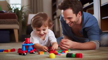 ai generativo amoroso joven caucásico papá sentar en piso jugar con pequeño hijo dar alto cinco celebrar éxito contento cuidando padre comprometido en actividad juego construir con bloques ladrillos con pequeño chico C foto