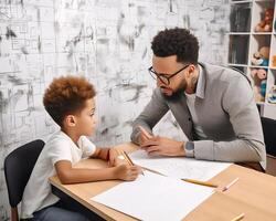 AI Generative Loving young african American dad lying on floor with little son drawing in album at home together black father spend time learning with preschooler boy child paint picture with pe photo