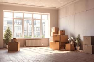 AI Generative Moving day concept cardboard carton boxes stack with household belongings in modern house living room packed containers on floor in new home relocation renovation removals and deli photo