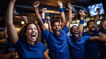 AI Generative Multiethnic people looking at camera sitting at cafe public place screaming shouting feels overjoyed happy by favourite football club team winning get victory sports betting lotter photo
