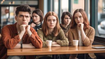 AI Generative On foreground sad caucasian millennial guy outcast sitting separately from other diverse friends in cafe feels unhappy having communications difficulties diffidence jealousy discri photo