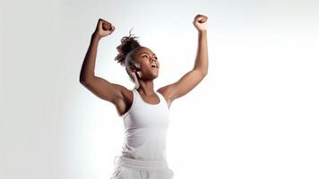 AI Generative Overjoyed young african american woman screaming with joy celebrating victory win success isolated on blank grey white studio background happy excited black girl rejoicing triumph photo