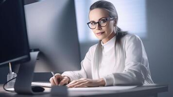 AI Generative Portrait of confident young Caucasian female doctor in white medical uniform sit at desk working on computer Smiling woman GP or physician in glasses use laptop write in medical jo photo