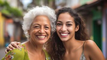 AI Generative Portrait of happy little Hispanic 7s girl child look at camera smiling mom and grandmother on background look in distance Growing generation or small Latino kid with mother and sen photo