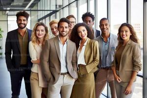 AI Generative Portrait of happy millennial diverse professional team in loft office space Group of multi ethnic employees gathering for corporate meeting and teamwork looking at camera smiling F photo