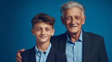 AI Generative Portrait of happy small teen boy look at camera pose on grey wall background with young Caucasian father and old grandfather Three generations of men show family unity and boding Offspri photo