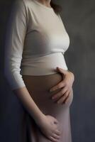 AI Generative Prenatal ultrasound screening Cropped close up shot of young pregnant female holding sonogram picture of unborn baby inside her big belly Happy expectant mom showing fetus usi scan photo