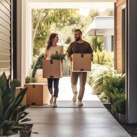 AI Generative Satisfied couple relocates prepare belongings packing to carton big box moving day to new home Black spouses opening received cardboard parcel package easy and fast service commerc photo