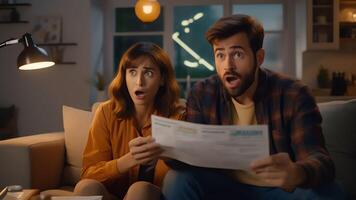 AI Generative Serious confused couple checking high domestic bills with papers and laptop millennial family discussing expenses or financial problems bankruptcy debt loan reading bad news in ban photo