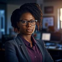 AI Generative Serious young African business woman in casual glasses head shot portrait Thoughtful Black businesswoman looking away with pensive face dreaming thinking over project tasks problem solvi photo