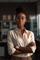 AI Generative Serious young African business woman in casual glasses head shot portrait Thoughtful Black businesswoman looking away with pensive face dreaming thinking over project tasks problem solvi photo