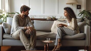 AI Generative Serious young couple sitting together on sofa talking about relationships spending time together at home focused wife listening to speaking husband friends having conversation photo