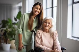 AI Generative Serious young female doctor comforting injured disabled handicapped senior lady patient tell diagnosis help old grandma with disability problem talk at medical checkup visit with w photo