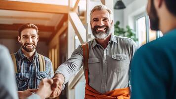 AI Generative Shaking hands Smiling young man real estate broker handshaking with older family couple after buying selling property Spouses retirees thank bank agent for help after signing loan photo