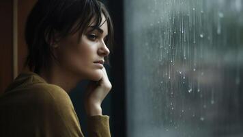 AI Generative Side view frustrated thoughtful woman looking out rainy window in distance alone lost in thoughts upset unhappy young female feeling lonely and depressed thinking about relationshi photo