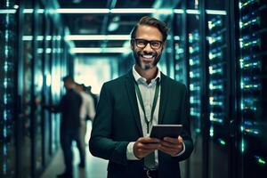 AI Generative Smiling businessman wearing glasses using computer tablet standing in modern cabinet happy positive man enjoying leisure time playing game chatting in social network browsing apps photo