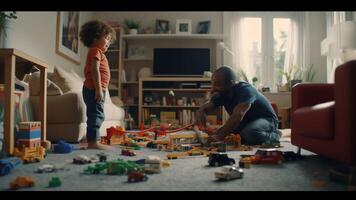 AI Generative Smiling loving african American dad lying on floor playing with toddler son with toy cars at home happy caring black father have fun with little kid engaged in funny activity race photo