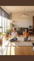 AI Generative Sporty young couple warming up stretching watching fitness video tutorial online on laptop fit man and woman doing workout at home sitting on mat in living room practicing yoga sid photo