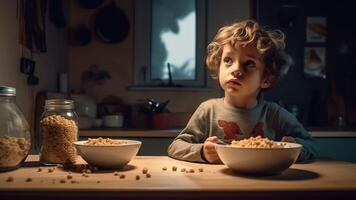 AI Generative Stubborn little kid boy rejecting eating dry breakfast corn flakes with milk sitting in kitchen without appetite Upset small male child does not want eating tasteless food loss of photo