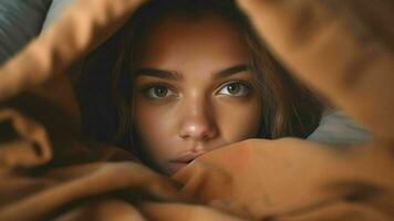 AI Generative Top view close up playful pretty girl hiding face peeking from blanket lying on soft pillow in bed looking at camera beautiful young woman shy covering face with duvet having fun at home photo