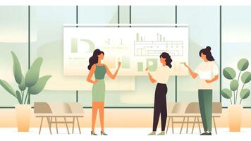 AI Generative Two diverse businesswomen giving flip chart presentation at corporate meeting Indian and Arabic employees presenting teamwork results financial project statistics mentors training photo