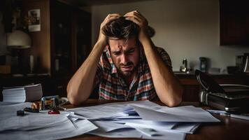 ai generativo trastornado frustrado joven hombre leyendo malo Noticias en postal correo letra papel documento sentar a hogar mesa Deprimido estresado chico preocupado acerca de alto cuenta impuesto factura atrasado deuda notificación mes foto