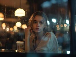 AI Generative Upset girl ghosted by boyfriend waiting for him alone in coffeeshop frustrated female rejected by admirer or lover wasting time for cancelled date sad outcast jealous of happy friends in photo