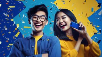 AI Generative Wide banner panoramic view of overjoyed millennial couple celebrate online win on cellphone together Happy young Caucasian man and woman triumph with good sale deal or promotion di photo