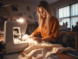 ai generativo mujer Moda diseñador medición maniquí costurera participación cinta trabajando con tonto en acogedor creativo diseño estudio o Sastre tienda costura y de coser concepto exclusivo único foto