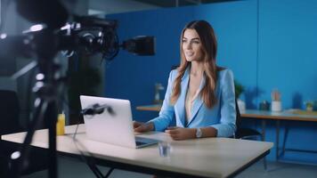 AI Generative Young businesswoman recording vlog talking to camera in office successful female business trainer coach filming live video blog giving presentation speaking about online training v photo