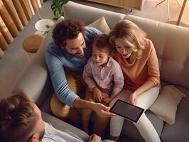 AI Generative Young couple with little daughter sitting on couch having fun holding computer looking on laptop screen teaching kid use electronic device surfing web browsing internet shopping bu photo