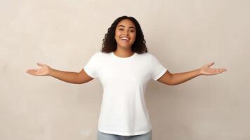 AI Generative Young funny woman wearing white tshirt stretched hands feels confused pose isolated on grey wall girl imagining alternatives weighs pros and cons choosing make not easy difficult d photo