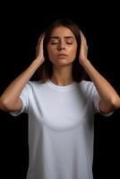 AI Generative Young funny woman wearing white tshirt stretched hands feels confused pose isolated on grey wall girl imagining alternatives weighs pros and cons choosing make not easy difficult d photo