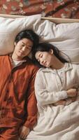 AI Generative Young girl and guy couple sleeping under blanket with their backs to each other in bed in bedroom at home top view Early morning lazy Sunday weekend or day napping People relaxing restin photo