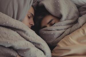 AI Generative Young girl and guy couple sleeping under blanket with their backs to each other in bed in bedroom at home top view Early morning lazy Sunday weekend or day napping People relaxing restin photo
