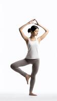 AI Generative Young sporty attractive woman practicing yoga doing Paripurna Navasana exercise balance pose working out wearing sportswear black pants and top indoor full length white yoga studio photo