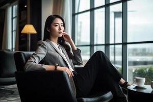 AI Generative Young thoughtful businesswoman drinking coffee with baggage sitting in airport or hotel room beautiful woman waiting for flight or relaxing after arrival travelling on business with trav photo