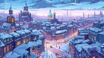 AI Generative City winter landscape Blizzard Snowstorm and heavy snow in a town Real snow is falling Brick residential building in the snow Christmas and New Year background scene Grunge urban b photo