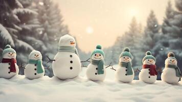 AI Generative Funny natural snowmen from snowballs on young fir trees Snowfall and blizzard in the forest Trees are covered with fluffy hats of snow Christmas greeting card with winter landscape photo