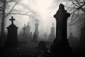 An early mist covering an grave yard with gravestones. The headstones in the foreground. Generative AI photo