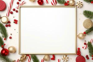 Christmas frame flat lay with pine, presents, golden elements, candy canes, confetti. AI generated photo