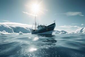 Antarctic landscape with ship and icebergs. The ship driving through frozen sea. Generative AI photo