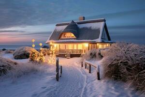 Wintertime cozy thatched cottage near to beach. Decorated with lights. AI generated photo