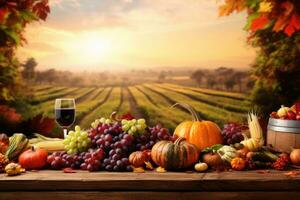 A heartwarming Thanksgiving background. Autumn landscape with golden leaves. A table adorned with an abundant harvest, a variety of fruits and vegetables. AI generated photo