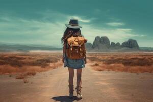 Traveling woman with backpack in summer background. Generative AI photo