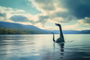 Loch Ness monster Nessie in the lake. Generative AI photo