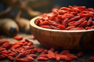Red dry goji berries in a wooden bowl. Generative AI photo