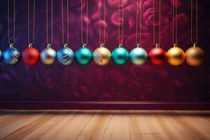 Color christmas balls hanging along a wall. AI generated photo