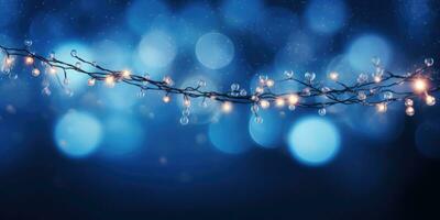 Christmas garland bokeh lights over blue background. Minimalist holiday illumination. AI generated photo