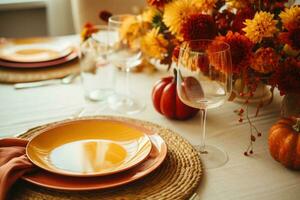 Fall table setting for celebration Thanksgiving or Friendsgiving day, family party. AI generated photo